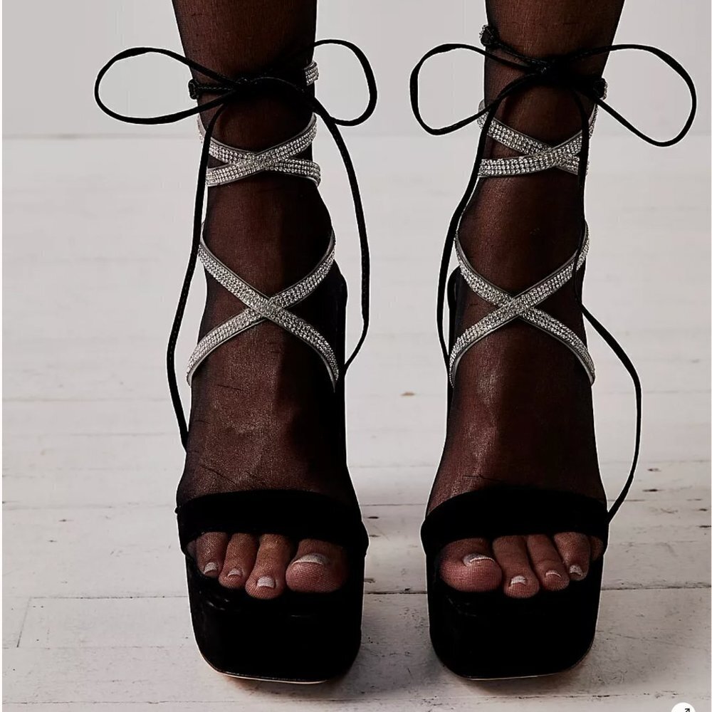 Free People Black Velvet Platforms with Silver Straps